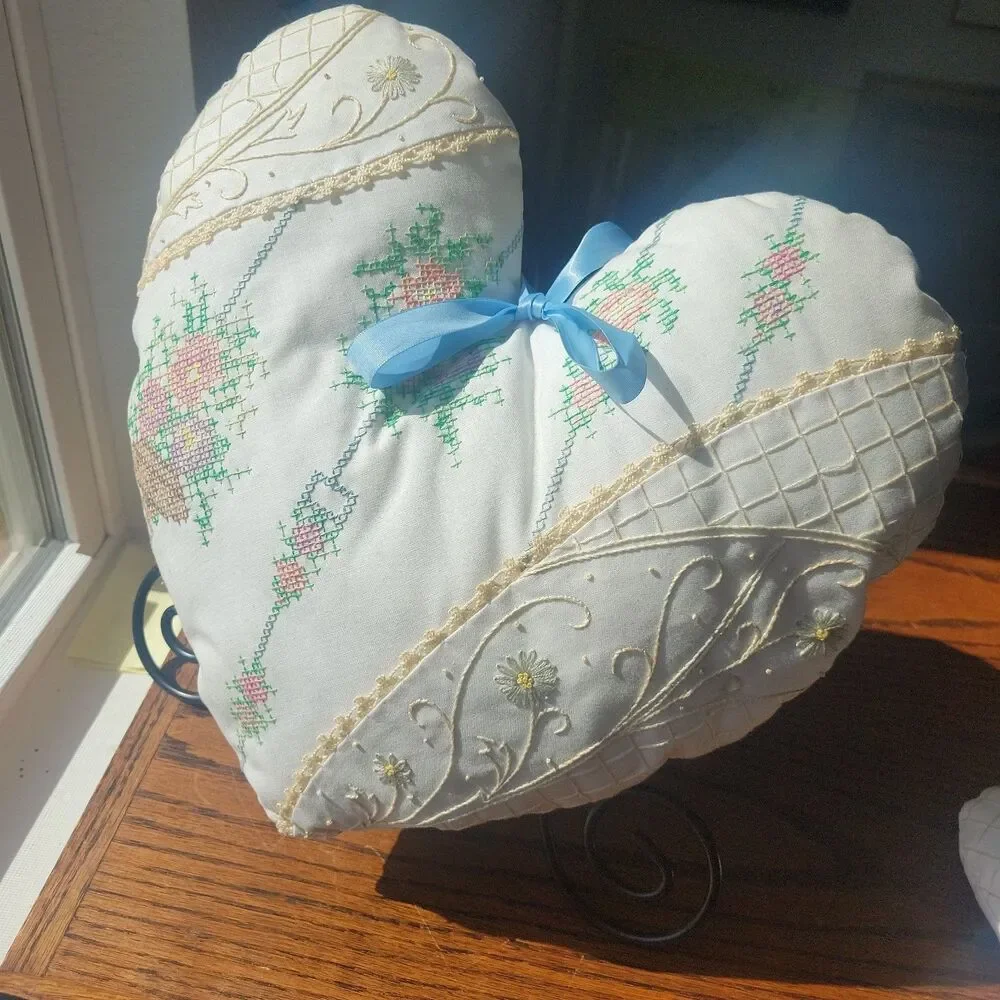 Handmade Needpoint Crossstitch Pillows Set of 2 heart shaped Ivory Cotton Ribbon